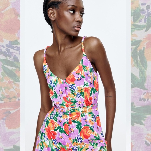 Zara NWT Linen Blend Floral Print Midi Dress - Picture 4 of 11